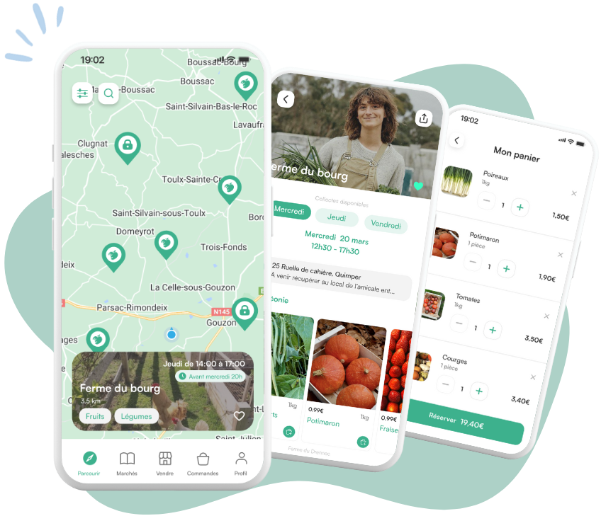Interface mobile Cueillette montrant la carte et les points de collecte